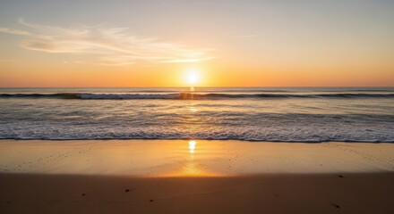 Golden Sunset Over Ocean Waves and Sandy Beach isolated on White Background