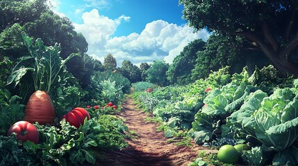 A lush vegetable garden with a path leading through a variety of plants, vegetables, and trees under a bright blue sky with clouds