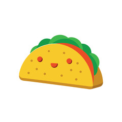 Taco Vector Icon, Cute Kawaii Smiling Cartoon Food, Isolated on White Background