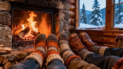 벽난로앞에모인가족의따뜻한겨울풍경