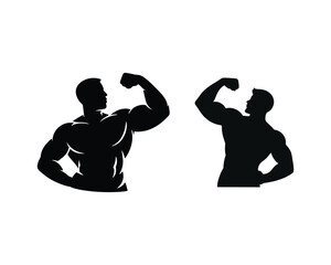 Bodybuilder Silhouette Icon: Muscular Men Flexing Biceps for Gym and Fitness Logos