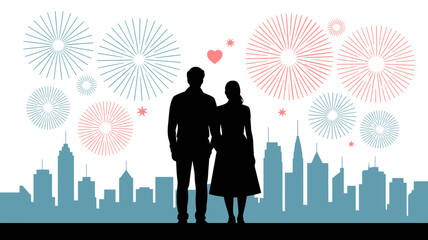 Silhouette of a couple watching fireworks over a city skyline with a heart above them in the night sky