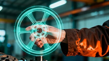 A worker's hand interacts with a glowing holographic interface of a valve, symbolizing innovation in industrial manufacturing and technology