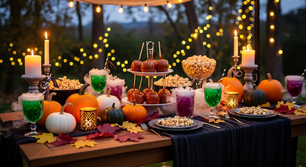 Ultra-realistic outdoor Halloween party table with pumpkins, caramel apples, popcorn bowls, spooky drinks, string lights, and autumn leaves, cozy warm festive evening atmosphere.