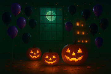 Indoor halloween party scene with three smiling jack-o'-lanterns lit up in a dark room with purple and black balloons near a window showing a full moon