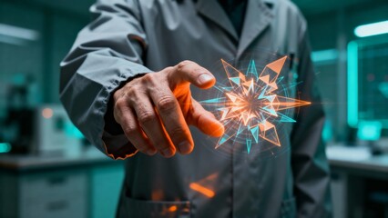 Scientist Interacting with Digital Atom Structure Conceptual Scientific Innovation