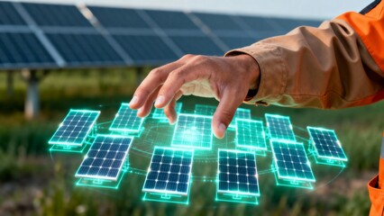 Solar Power Concept Hand Touching Holographic Solar Panels for Renewable Energy