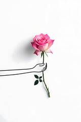 Realistic pink rose held by line-drawn hand on white background in elegant floral illustration blending Real Texture with Playful Design