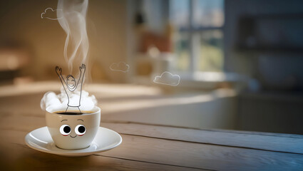 Playful coffee cup with cartoon face and joyful line-drawn figure on wooden table in cozy interior blending Real Texture with Playful Design