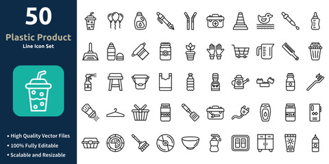 Plastic Product icon set in Outline style. Minimilist and trendy Icon set. Containing Icons,Plastic cup,Balloons,Detergent,Pen,Straws,First aid box,Traffic cone,and so on.