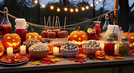 Ultra-realistic outdoor Halloween party table with pumpkins, caramel apples, popcorn bowls, spooky drinks, string lights, and autumn leaves, cozy warm festive evening atmosphere.