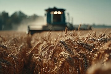 Golden Wheat Field At Sunset With Harvesting Combine In Rural