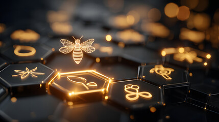 Glowing honeycomb pattern with illuminated bee and nature symbols, creating futuristic and abstract design. hexagonal shapes and warm lighting evoke sense of innovation