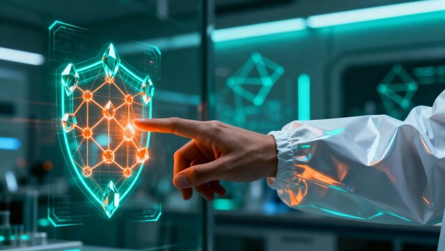 In a high-tech laboratory, a scientist's hand activates a holographic security shield for network protection and data analysis