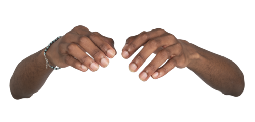 Hands reaching forward in protective pose symbolizing care and safety. Black skin male making