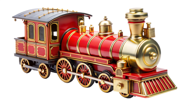 Vintage red and gold toy steam train isolated on white background