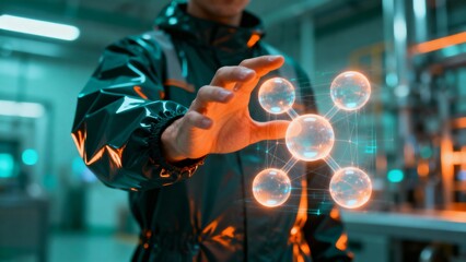 Professional in Protective Gear Interacting with a Glowing Digital Molecular Network, Representing Cutting-Edge Research, Data Visualization, and Future Scientific Breakthroughs in a Modern Lab