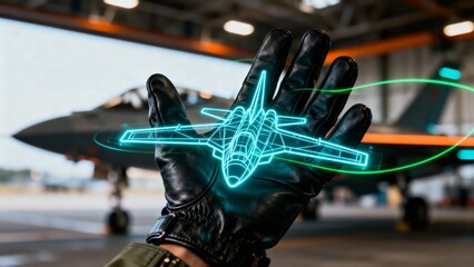 Digital Blueprint of Fighter Jet Held in Hand with Futuristic Overlay in Hangar