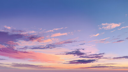 Naklejka premium An awe-inspiring sunset sky with fluffy clouds. The sky transitions from a rich blue at the top to vibrant hues of pink and orange at the horizon
