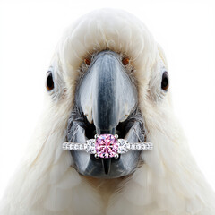 White Cockatoo Holding Diamond Ring with Pink Gem on White Background