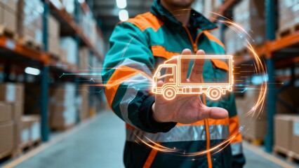 Delivery and Logistics concept with truck icon and network lines in a warehouse setting