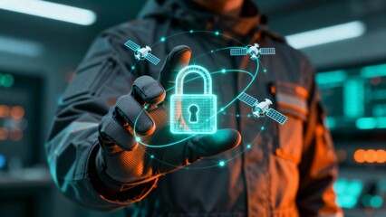 Futuristic military technology concept showing a soldier securing a global satellite communication network with a holographic padlock