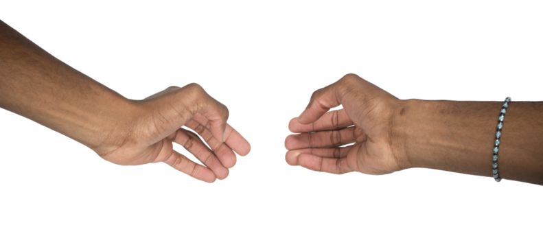Hands with open cupped palm in front view. Black skin male making gesture of offering or exchange as