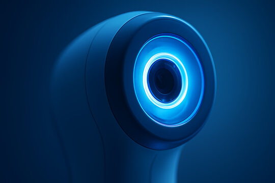 Close-up of a futuristic blue-lit sensor lens, showcasing glowing concentric rings, sleek contours, and high-tech design used in advanced medical or scanning devices. - Powered by Adobe