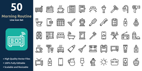 Morning Routine icon set in Outline style. Minimilist and trendy Icon set. Containing Icons,Clock,Pancake,Morning coffee,Newspaper,Journal,Drink,Sink,and so on.