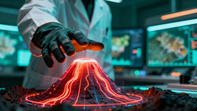Scientist in a lab conducts an experiment with a glowing volcano model, representing geological research and scientific discovery