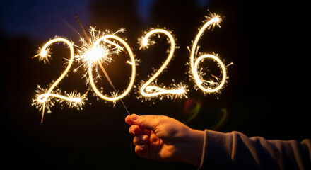 Hand writing 2026 in the dark with a bright, sparkling, golden firework sparkler for New Year's Eve celebration.