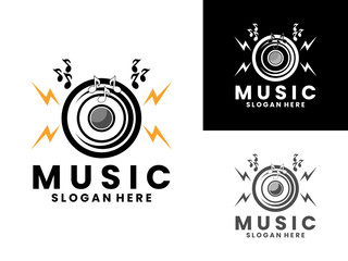 Obraz premium Music sound logo design vector template. Sound audio with flash lightning logo