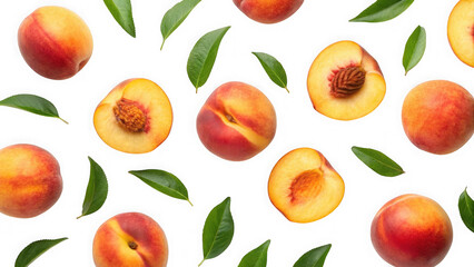 Fresh ripe peaches and green leaves isolated on transparent background