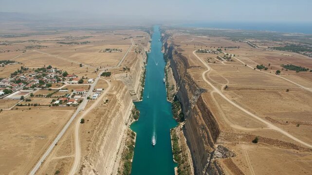 Aerial view of the corinth canal in greece with boats navigating