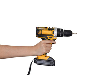 Hand holding pressing the drill isolated on white background.