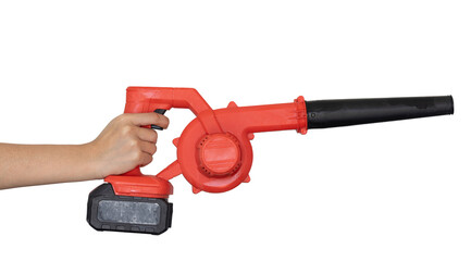 Hand holding blow dryer isolated on white background.