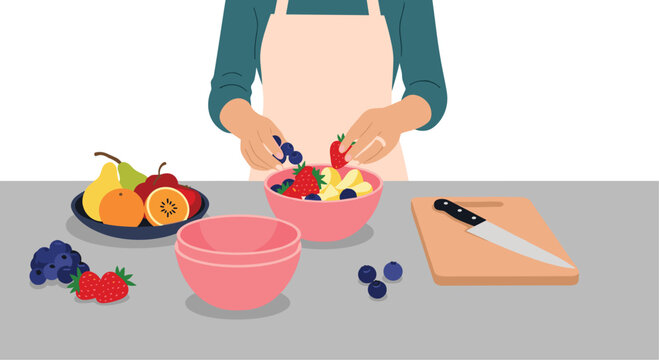 Fresh summer fruit salad preparation in a bright kitchen offers healthy eating and vibrant lifestyle inspiration for wellness and nutrition campaigns