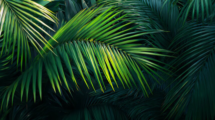 Obraz premium Close-up shot of vibrant green palm leaves. The leaves have an intricate texture and fill the entire frame