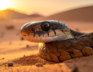 Fototapeta premium Close-up of a snake in the desert, golden light on scales