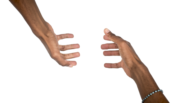 Outstretched hands reaching forward with open palms in supportive gesture. Black skin male showing