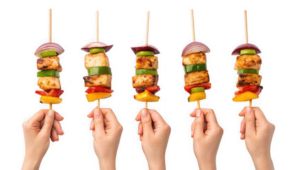 Hands holding skewers of grilled paneer and vegetables isolated on transparent background