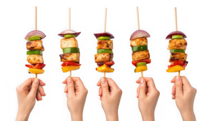 Hands holding skewers of grilled paneer and vegetables isolated on transparent background