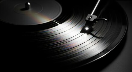 Close up view turntable vinyl record player needle stylus resting on spinning LP groove creating vibrant reflections from direct light source