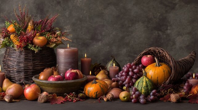 The empty cornucopia is surrounded by pumpkins, gourds, and grapes, with candles nearby. This scene symbolizes the abundance of the food bank's autumn harvest event.