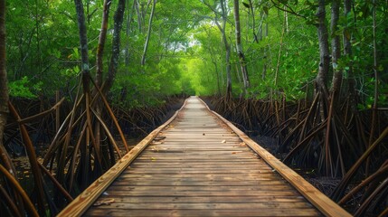 Fototapeta premium Wooden Walkway Through Forest with Sunlight
