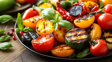 Grilled vegetables assortment with tomatoes, zucchini, peppers, and basil leaves on a dark plate, a healthy and delicious vegetarian meal