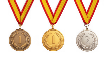 Gold, silver, and bronze medals isolated on transparent background