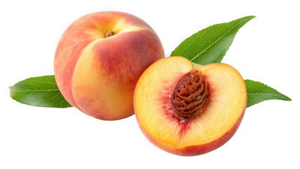 Fresh peach and a half peach with green leaves isolated on transparent background
