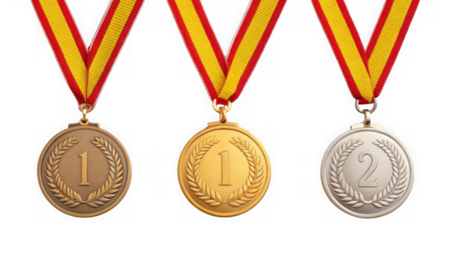 Gold, silver, and bronze medals isolated on transparent background