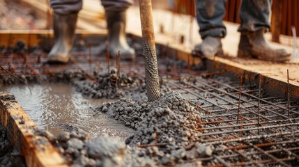 Naklejka premium Construction Workers Pouring Concrete at Building Site
